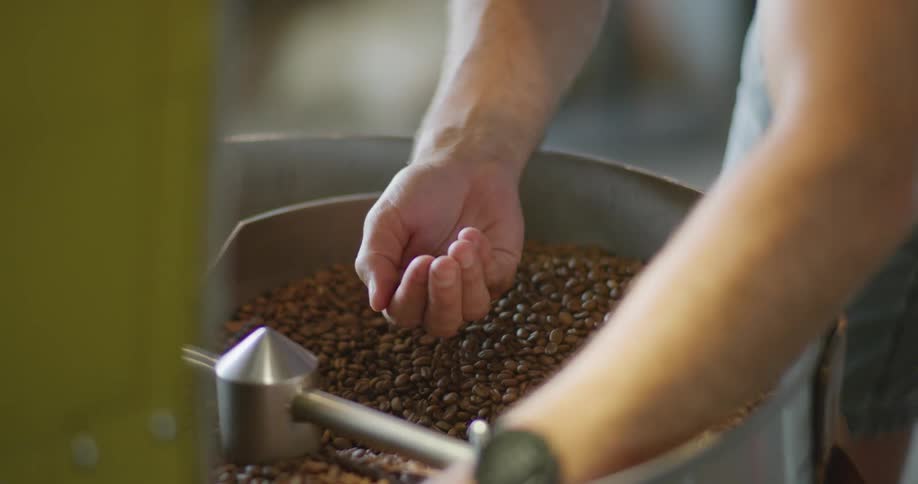 A man picks coffee beans out of a large cannister