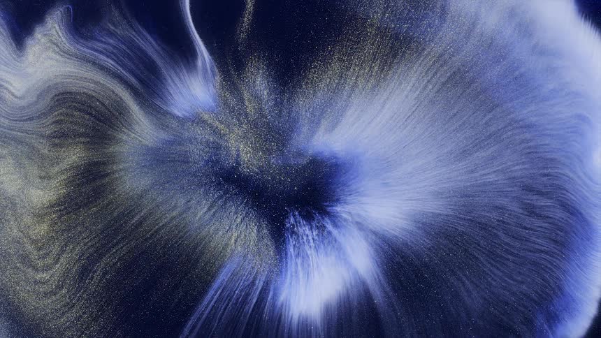 Expanding blue and white tendrils glitter with metallic particles as they expand in shape of flower