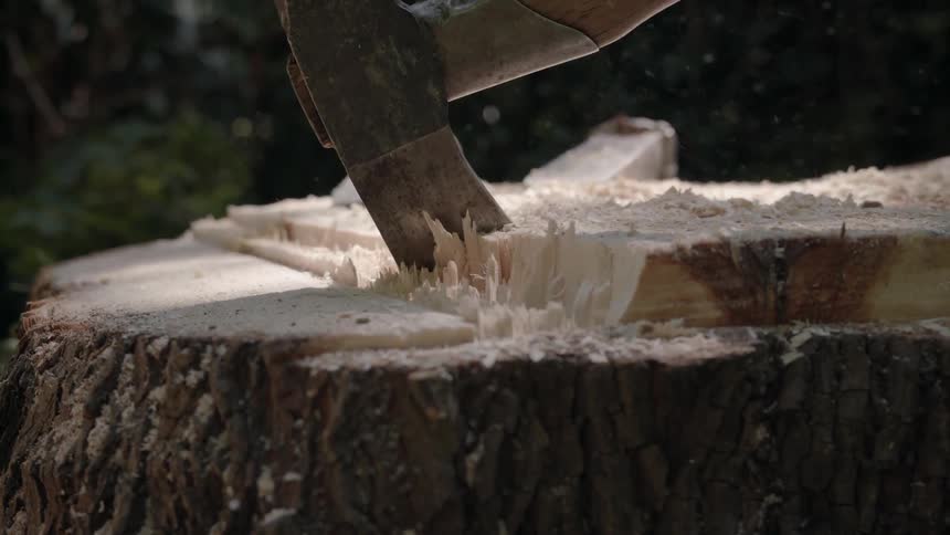 An axe chops into a piece of wood