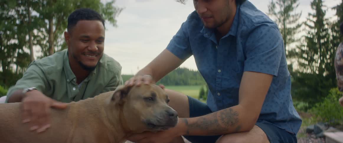 Two men crouching and petting a dog outside on a summer day