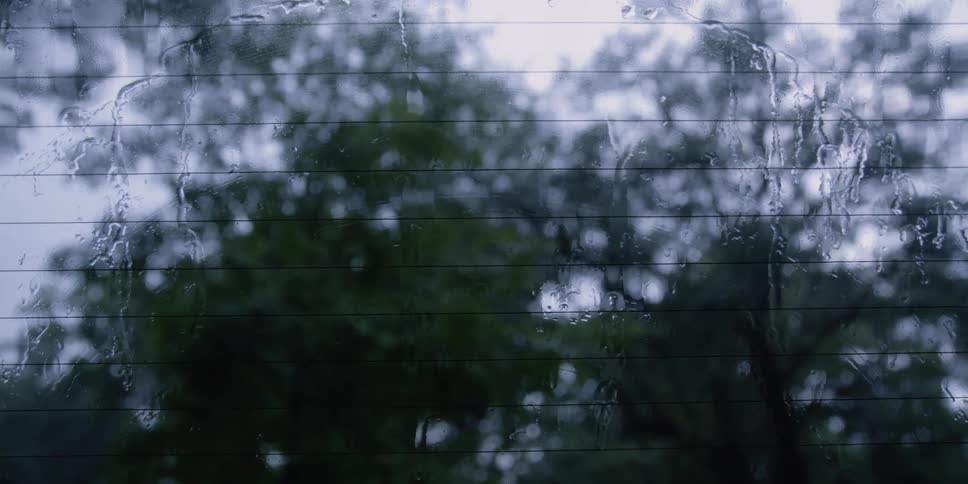 Raindrops falling on the vehicle window with a windshield wiper with trees the sky and clouds in the background