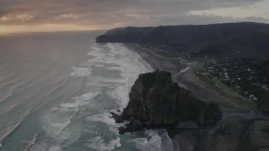 Aerial shot of a beach at dawn