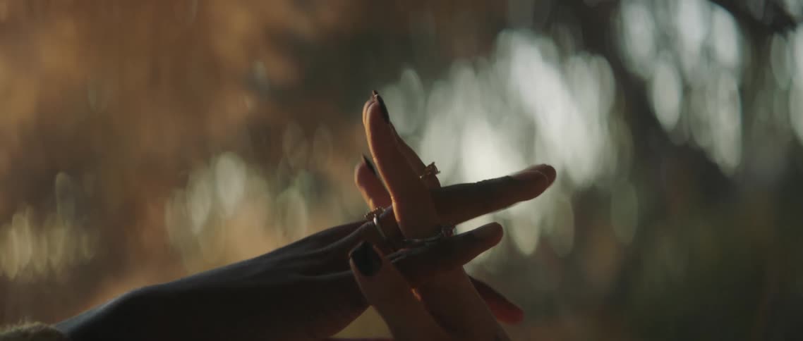 Hands reach and fingers thread together with trees as a backdrop