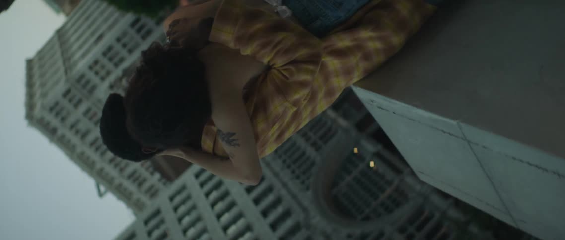 A man and woman kiss while standing on a rooftop in a metropolis during the day