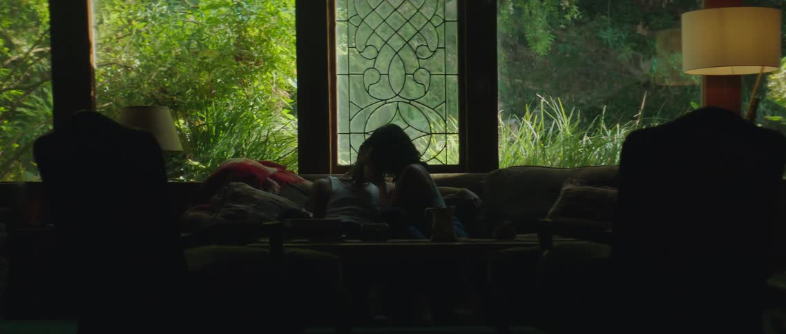 Silhouette of a young couple tenderly kissing on a couch in the living room of a house in the forest