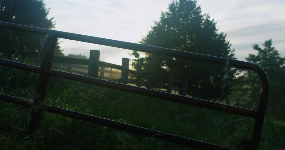The sun is shining brightly through a rural area with a fence around it