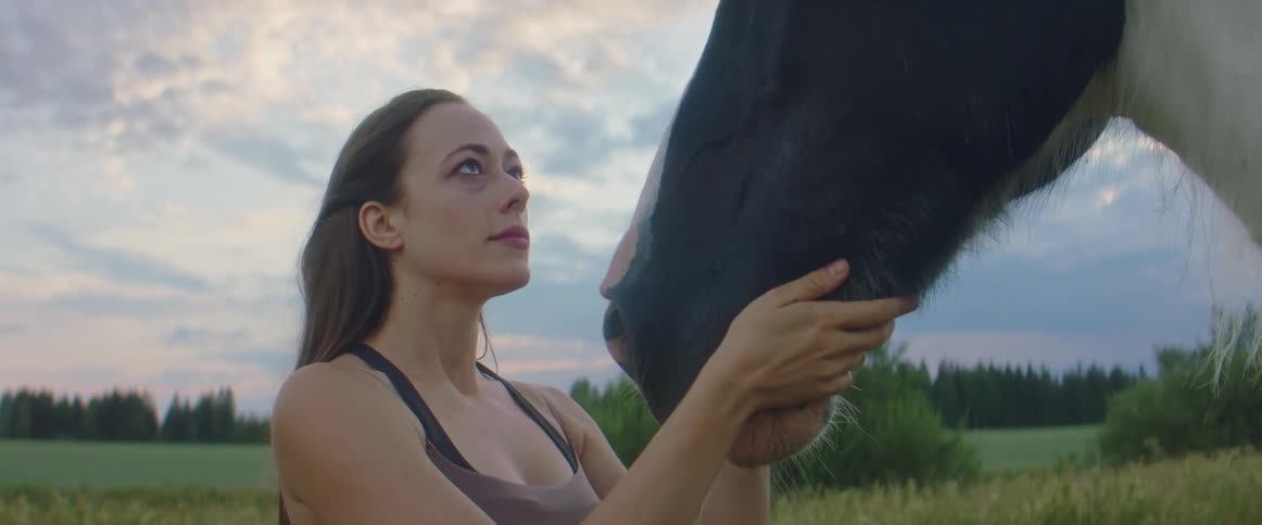 A woman is holding a horses head and kisses it on the nose