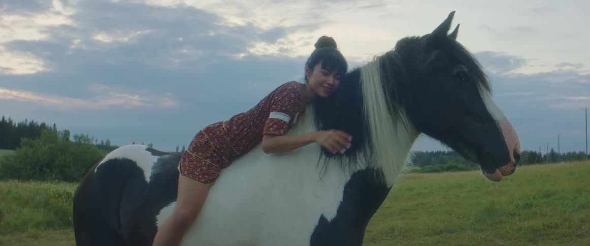 Young woman wearing a dress caresses a horse on a prairie at sunse