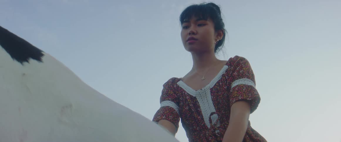 A woman sitting on a horse with the sky and clouds above