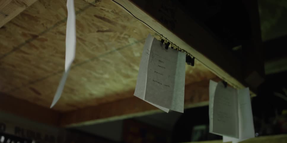 Piece of paper are hanging from a line