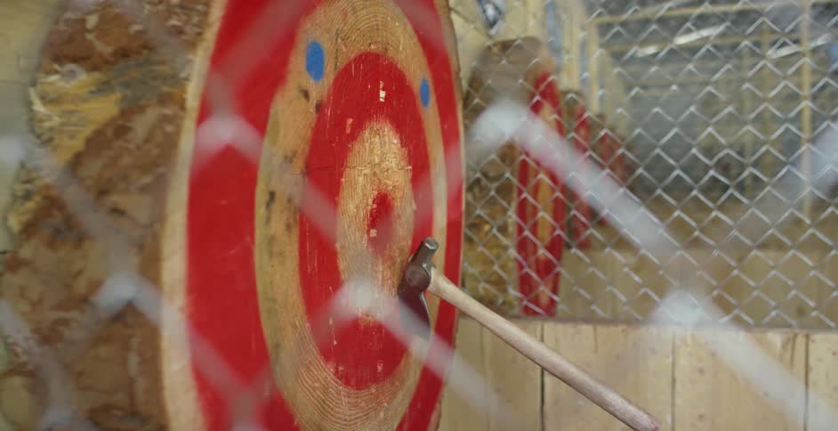 An ax turns in the air before hitting a target painted on a tree stump hanging on a wall