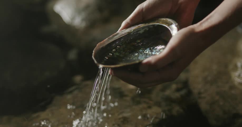 A person slowly lifts half of a seashell out from the water which then leaks from the holes in it