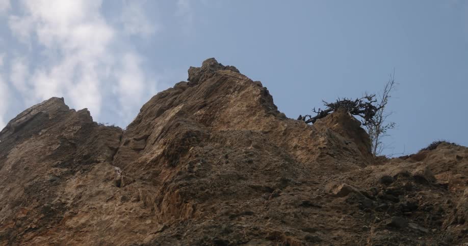 Mountain ridge high in the sky with scattered clouds