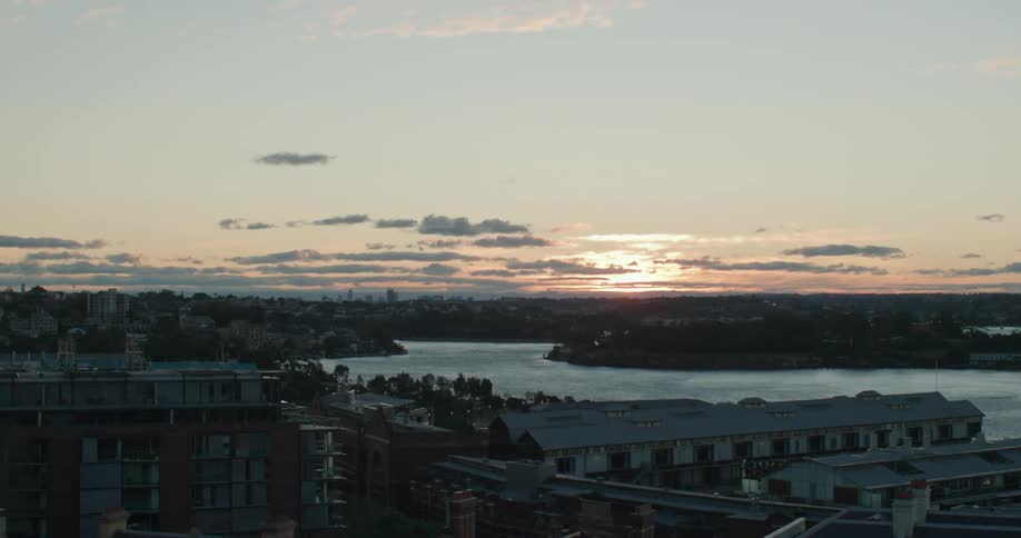 A town by the river at dawn