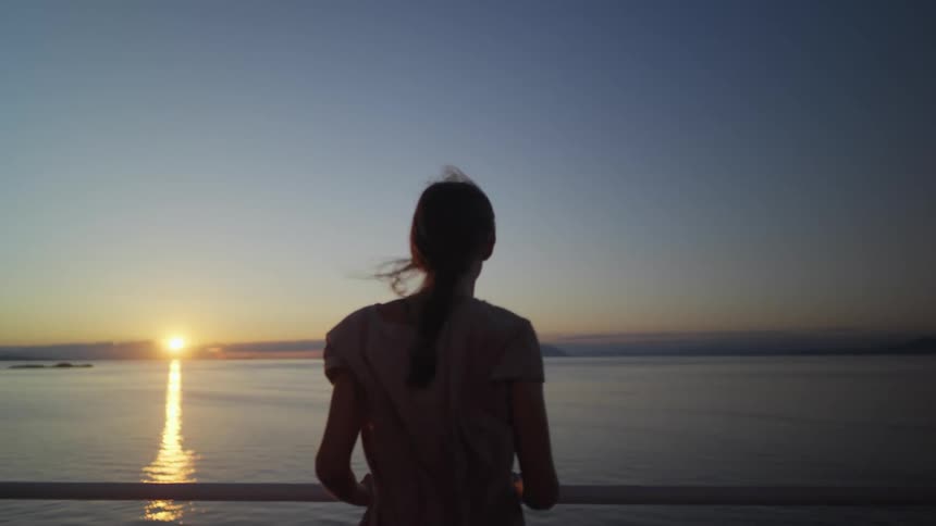 A woman is watching the sunset by the water