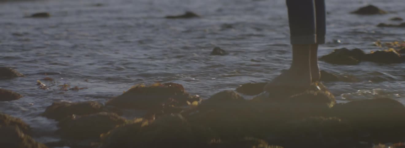 A person is standing on some rocks near the water