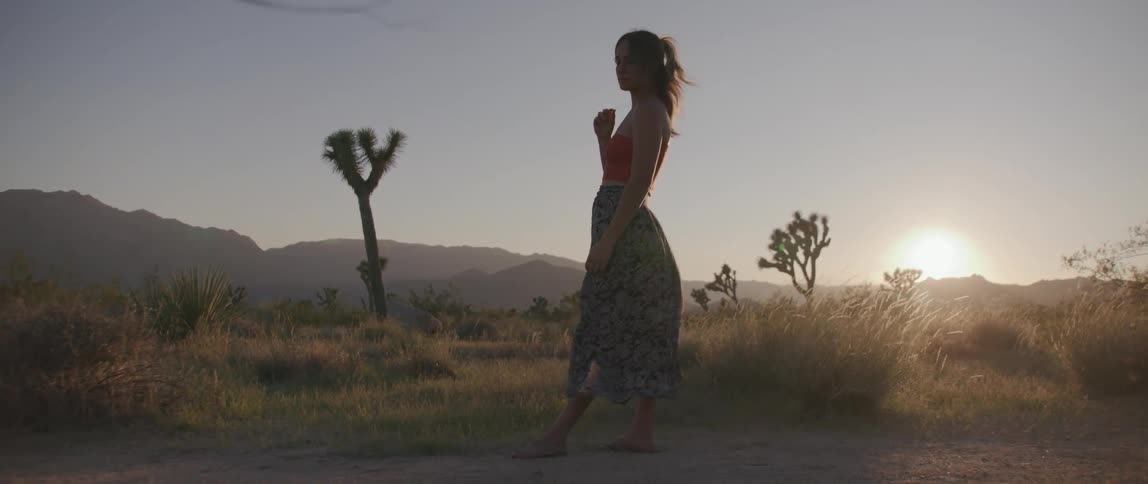 A woman poses in a sundress in an open field