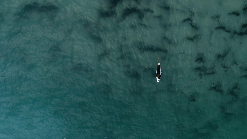 Surfer wearing wet suit paddles surfboard before sitting up straddling it as waves roll