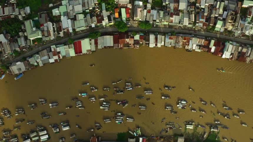 Aerial shot of flooding in a town