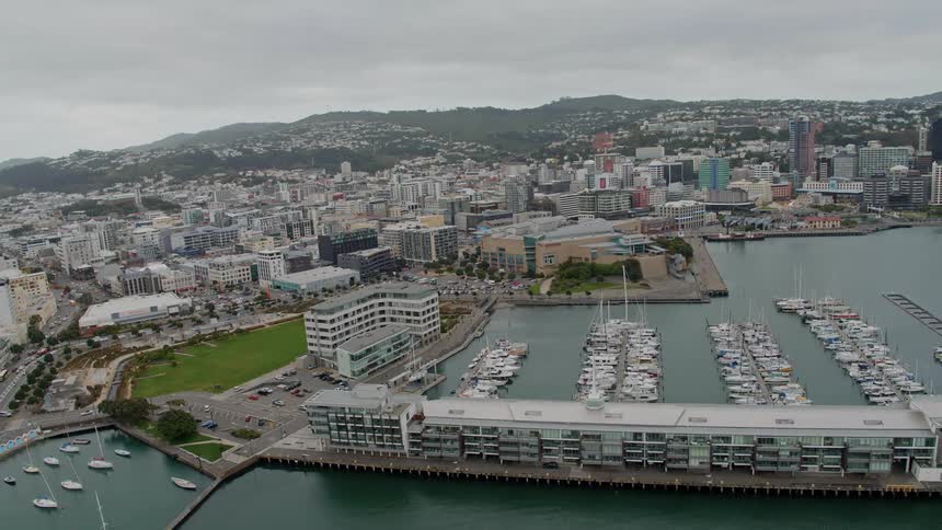 Boats docked in a marina along a city waterfront on a cloudy day