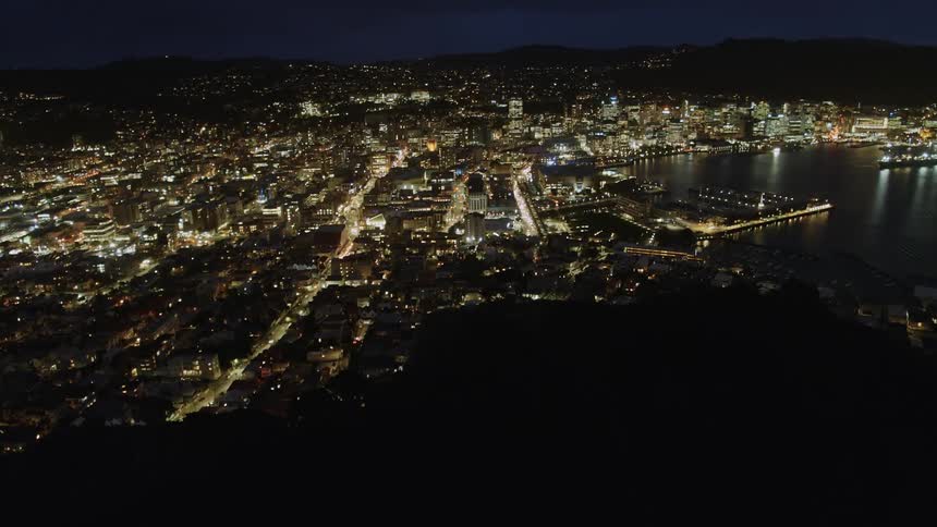 Building lights and vehicle headlights light up a busy city on the coast at night