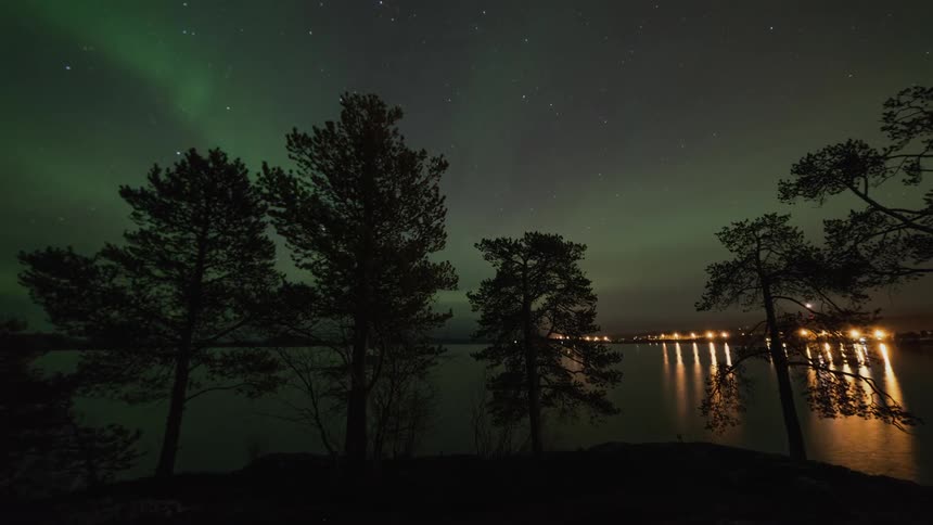 Northern lights flickering over a lake behind pine trees