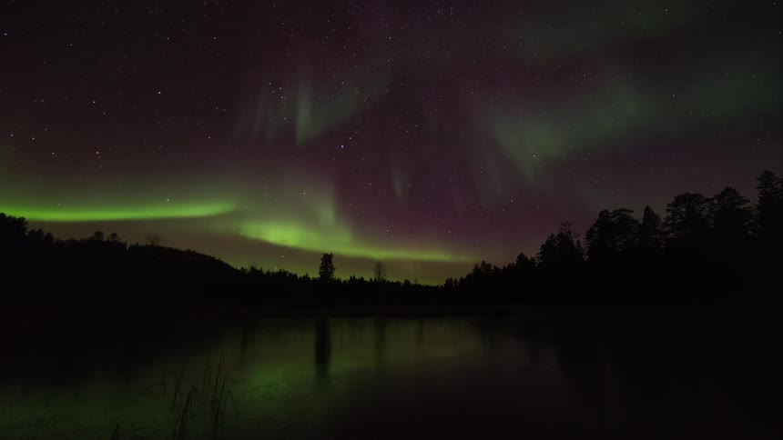 Purple and green auroras dancing over a frozen lake