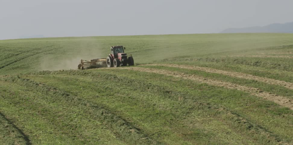 Tractor with machinery plows in the field