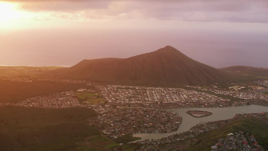 Aerial shot of a city at twilight