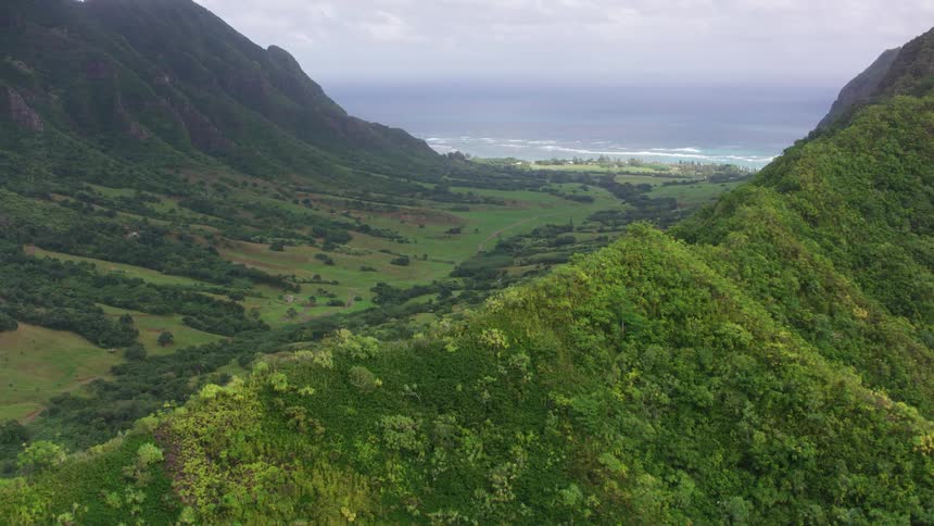 A verdant mountain valley beside the ocean on a cloudy day