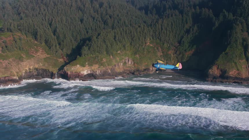 A small plane flies over the sea near a coastal forest