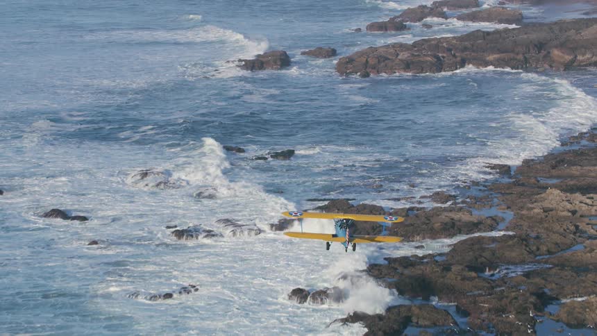 Yellow and blue biplane flies low over rocks near shore passing over flock of birds