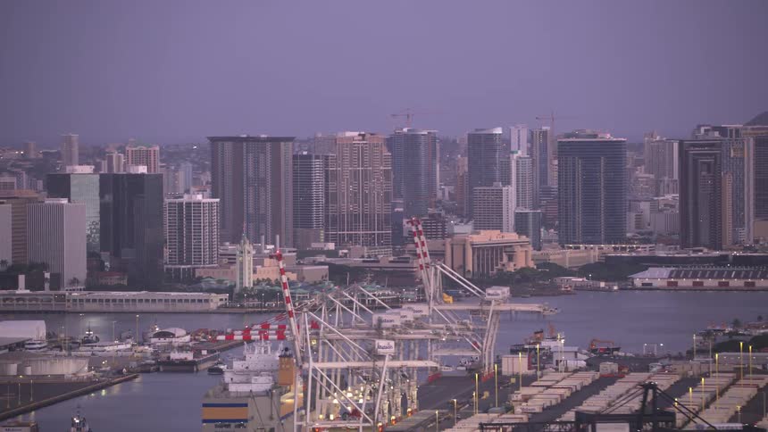 Aerial view of the skyline and piers of a waterfront city