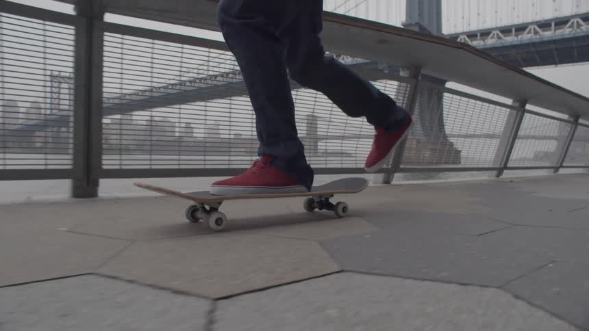 A person rides a skateboard