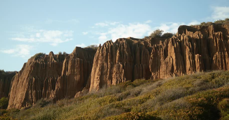 A landscape with hills and cliffs with the sky and clouds in the background