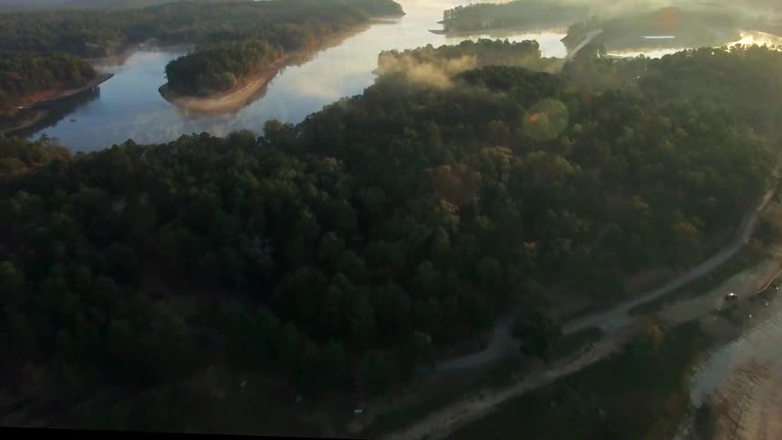 Aerial view of a forest with water running around it