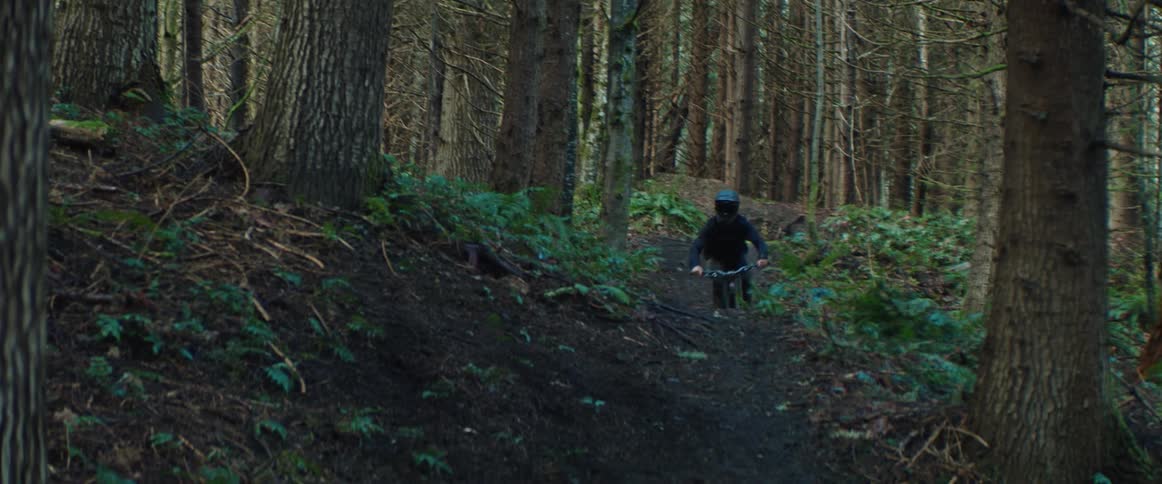 A mountain biker races down a path in a forest