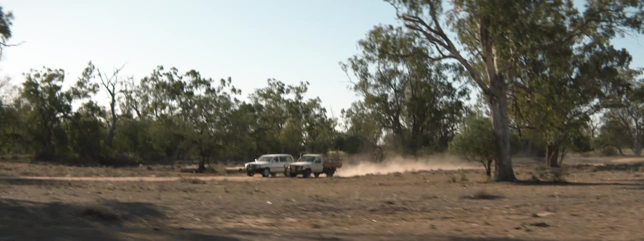 A pickup truck races past a sport utility vehicle as they drive through a field