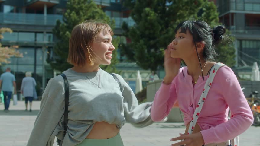 A woman walking up and kissing another woman on her cheek with people trees buildings the sky and clouds in the background