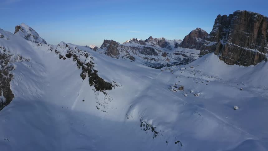 Snow covered mountains under a clear sky