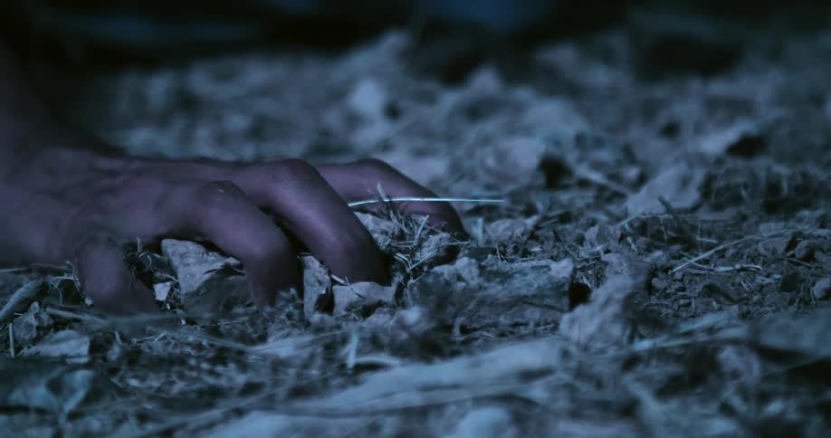 Hand dragging and grabbing dirt from the ground at night