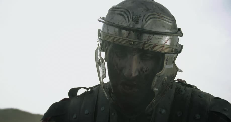 An armoured soldier is hacking something with an ax