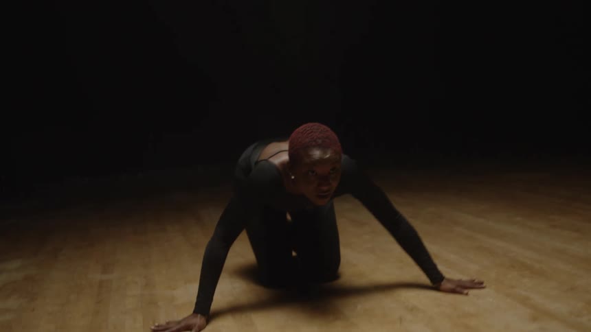 The female dancer performs a strange modern dance that involves her crawling across the floor of the dance studio