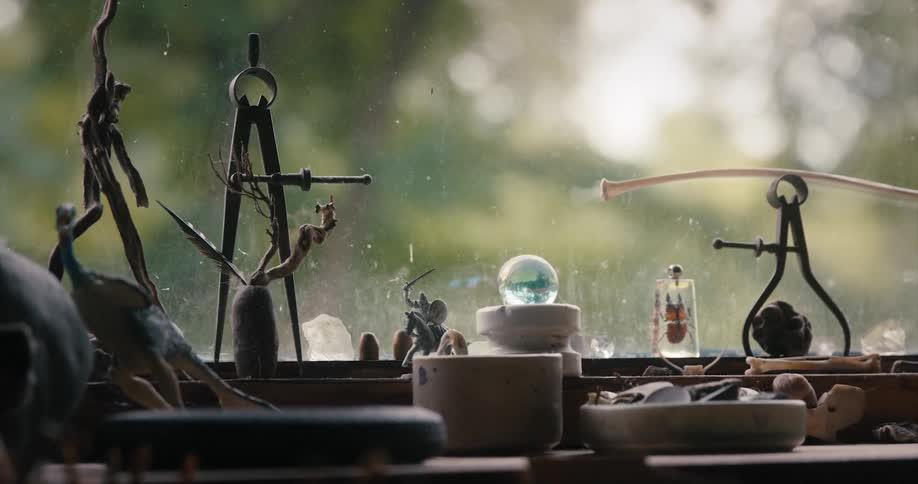 Collection of small trinkets and other ornaments resting near a window over a table