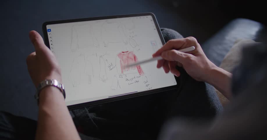Man sitting on a couch drawing on a tablet