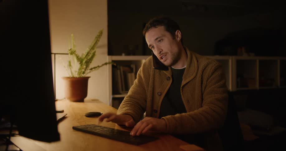 A man is talking on his phone while using the computer