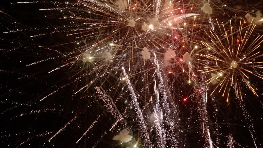 Multiple fireworks explode in night sky