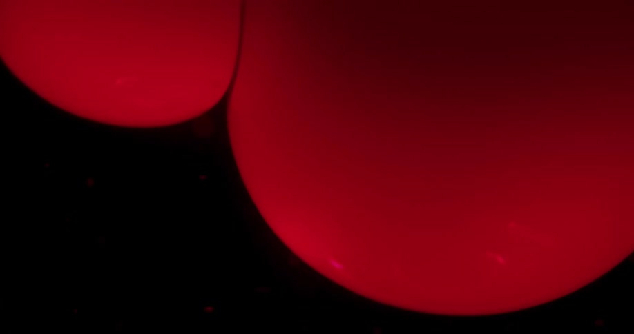 Dark red ink bubbles floating in liquid in front of black background