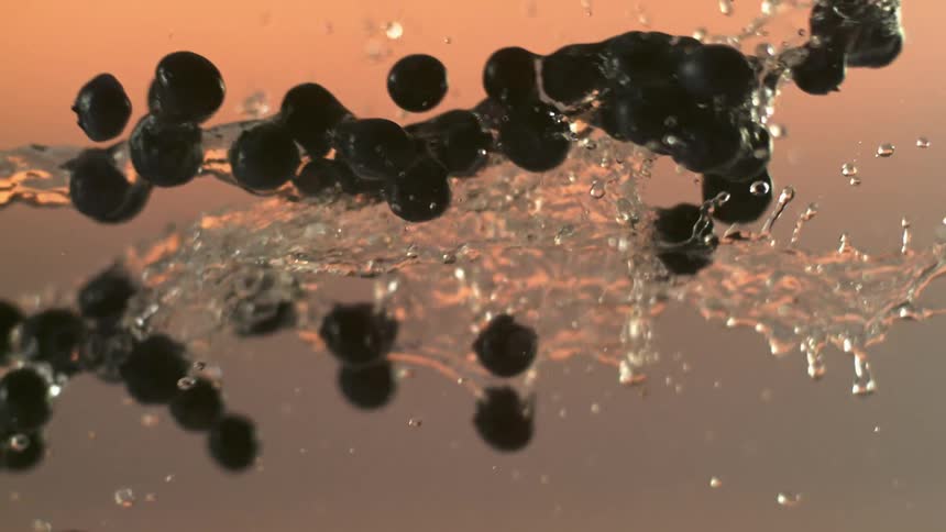 Blueberries in water are tossed and fall dripping and shimmering