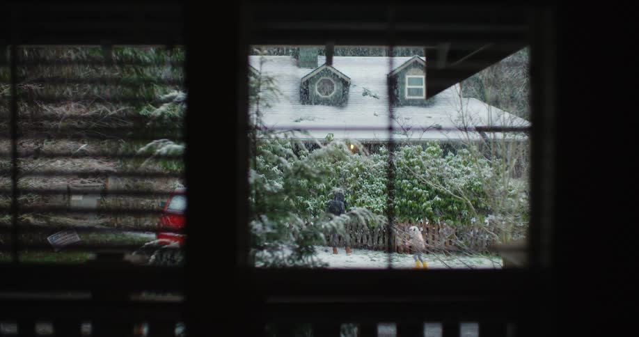 A girl spins around in the snow while playing in the backyard with her mom